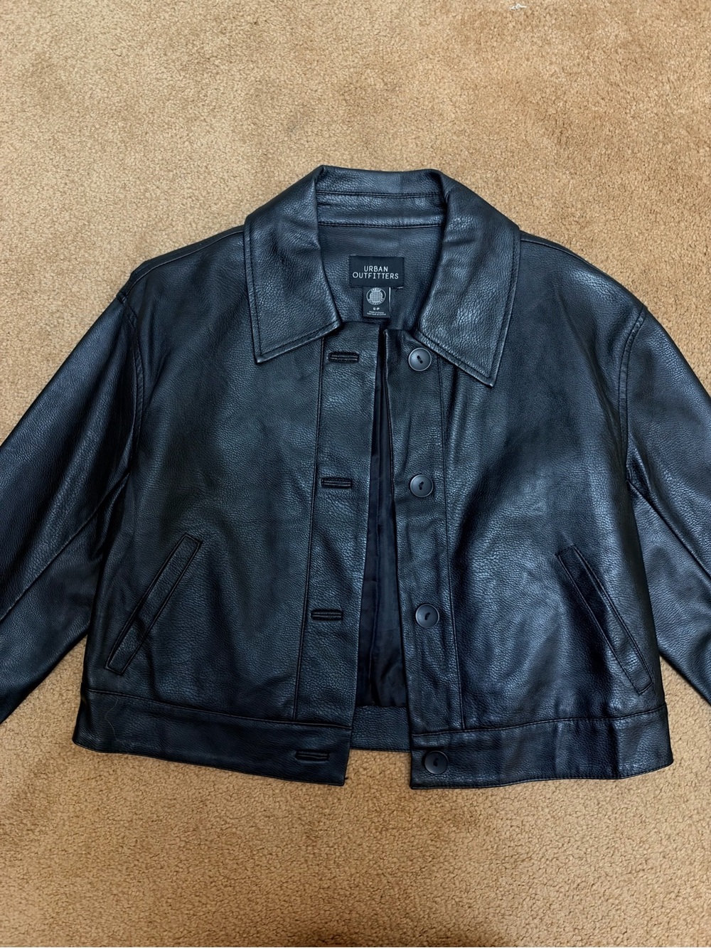 Urban Outfitters Black Cropped Leather Button-Up Jacket